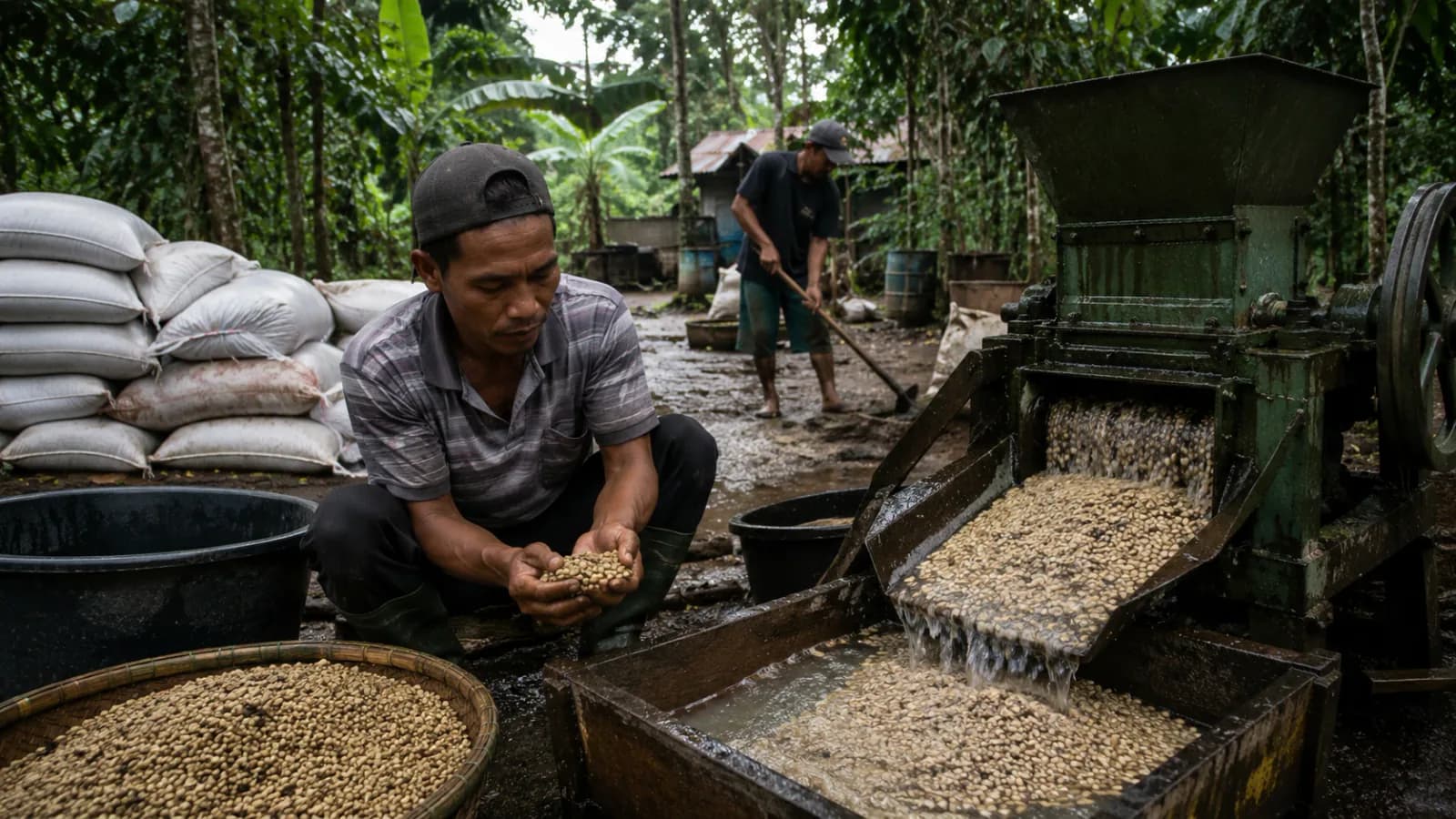 Indonesian wet-hulled coffee processing scene for Asia-Pacific origin context