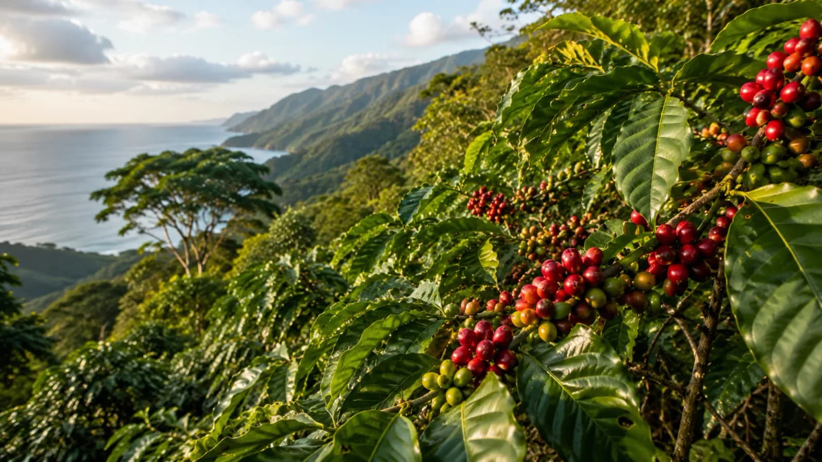 Coffee cherries in a Caribbean island coffee farms and mountain growing landscape