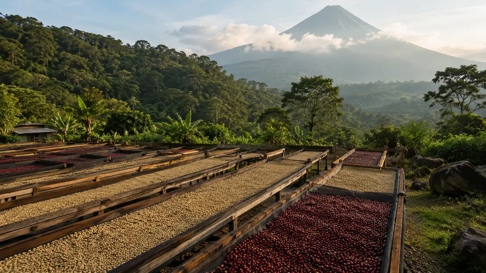 Central American coffee micro-mill drying beds with traceable coffee lots