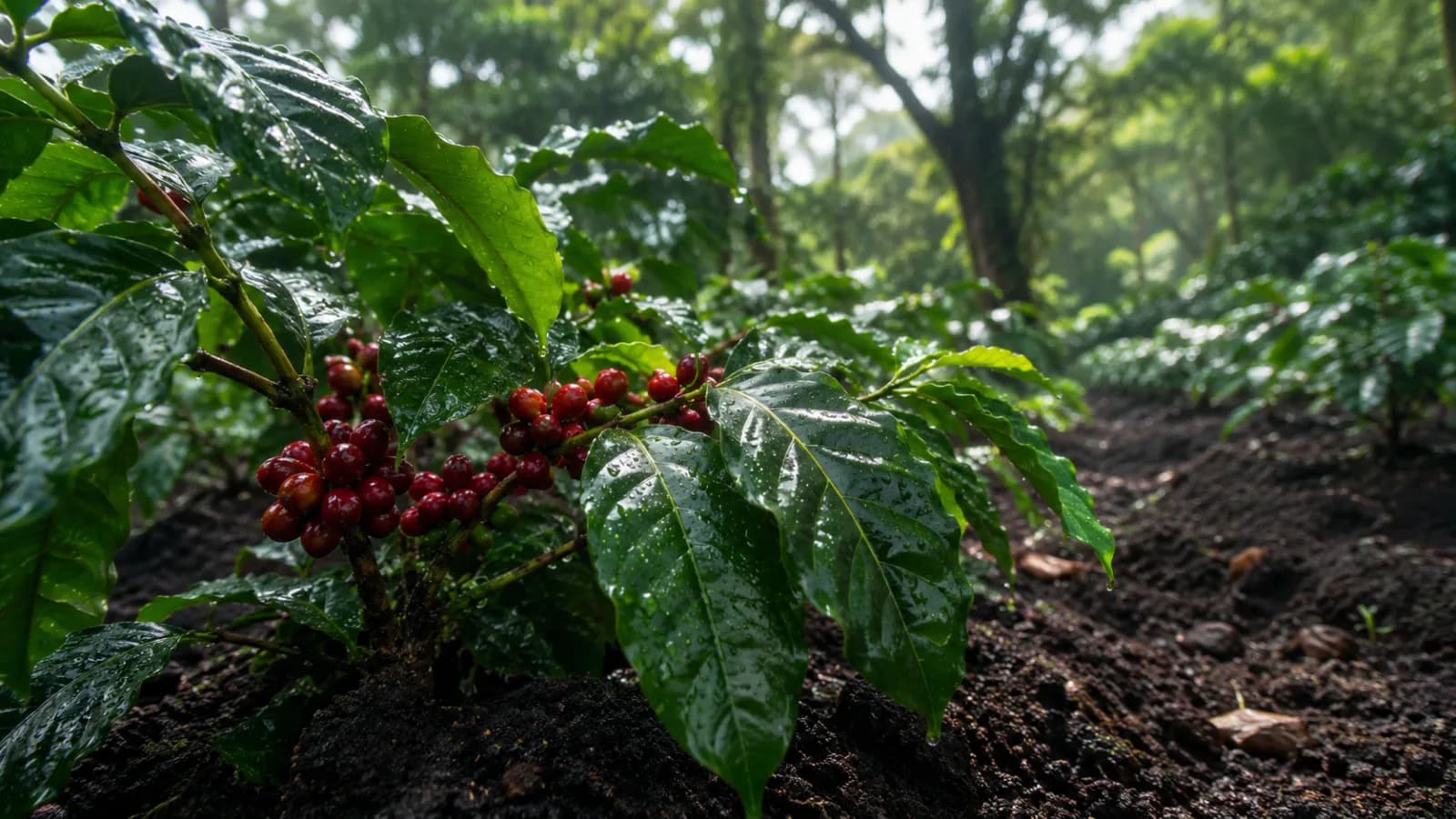 Coffee growing climate scene with rainfall shade and soil cues