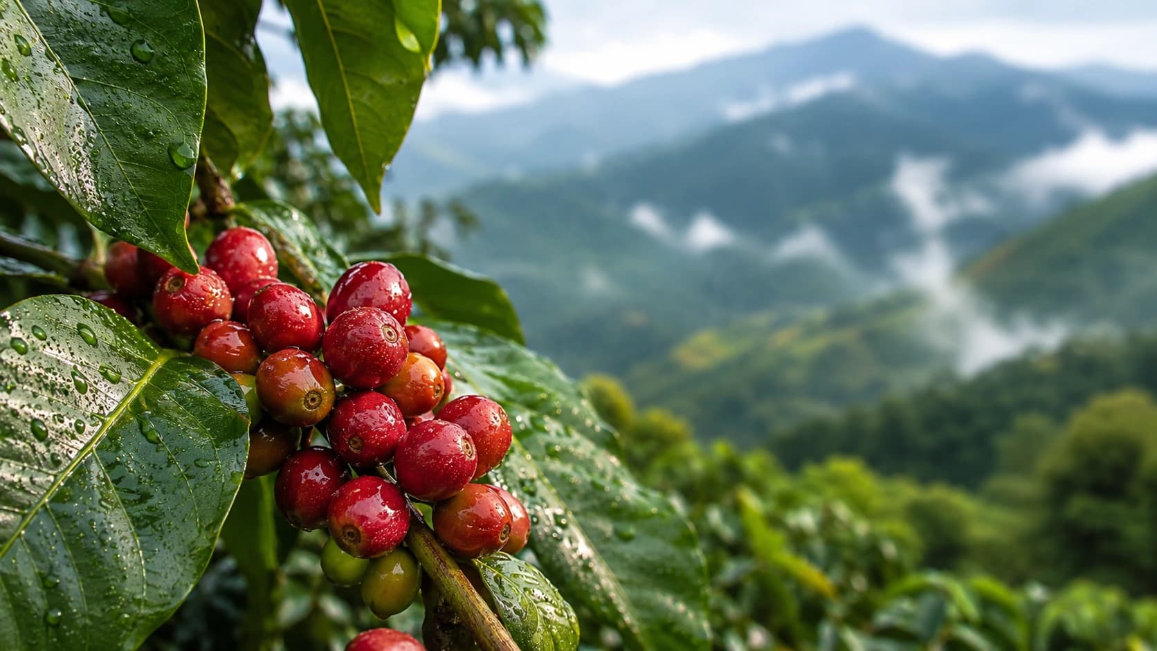 Ripe coffee cherries on a highland farm