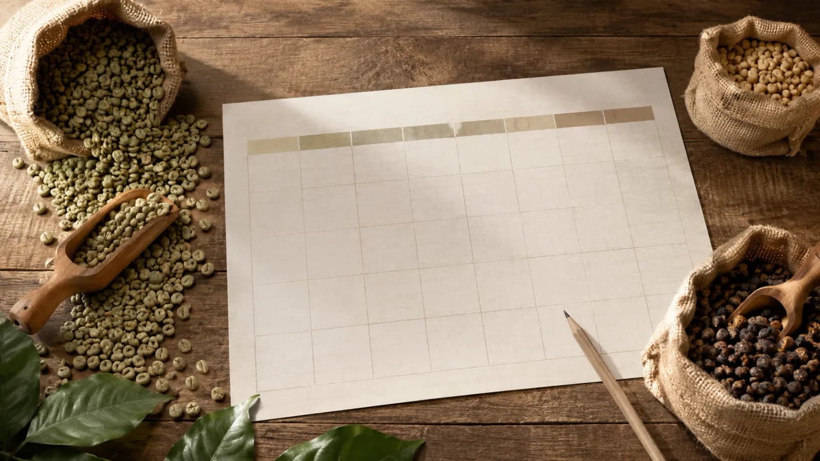 Coffee harvest calendar flatlay with origin timing notes