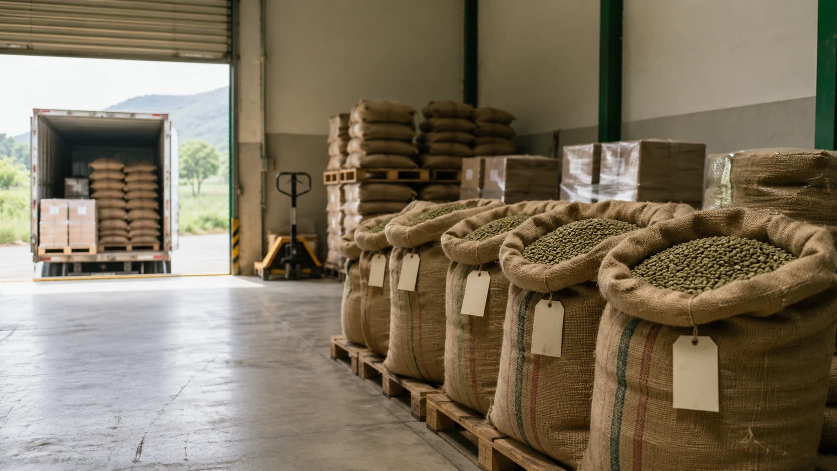 Coffee harvest export arrival warehouse with green coffee sacks