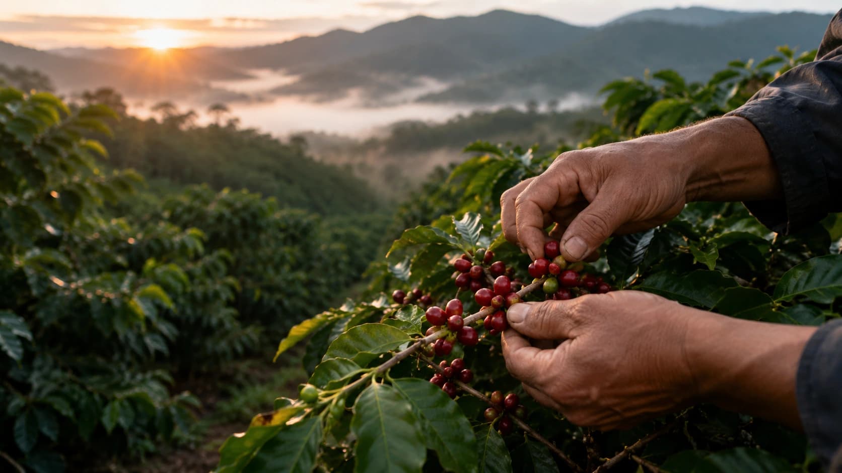 Coffee harvest workers picking ripe cherries for a harvest season reference