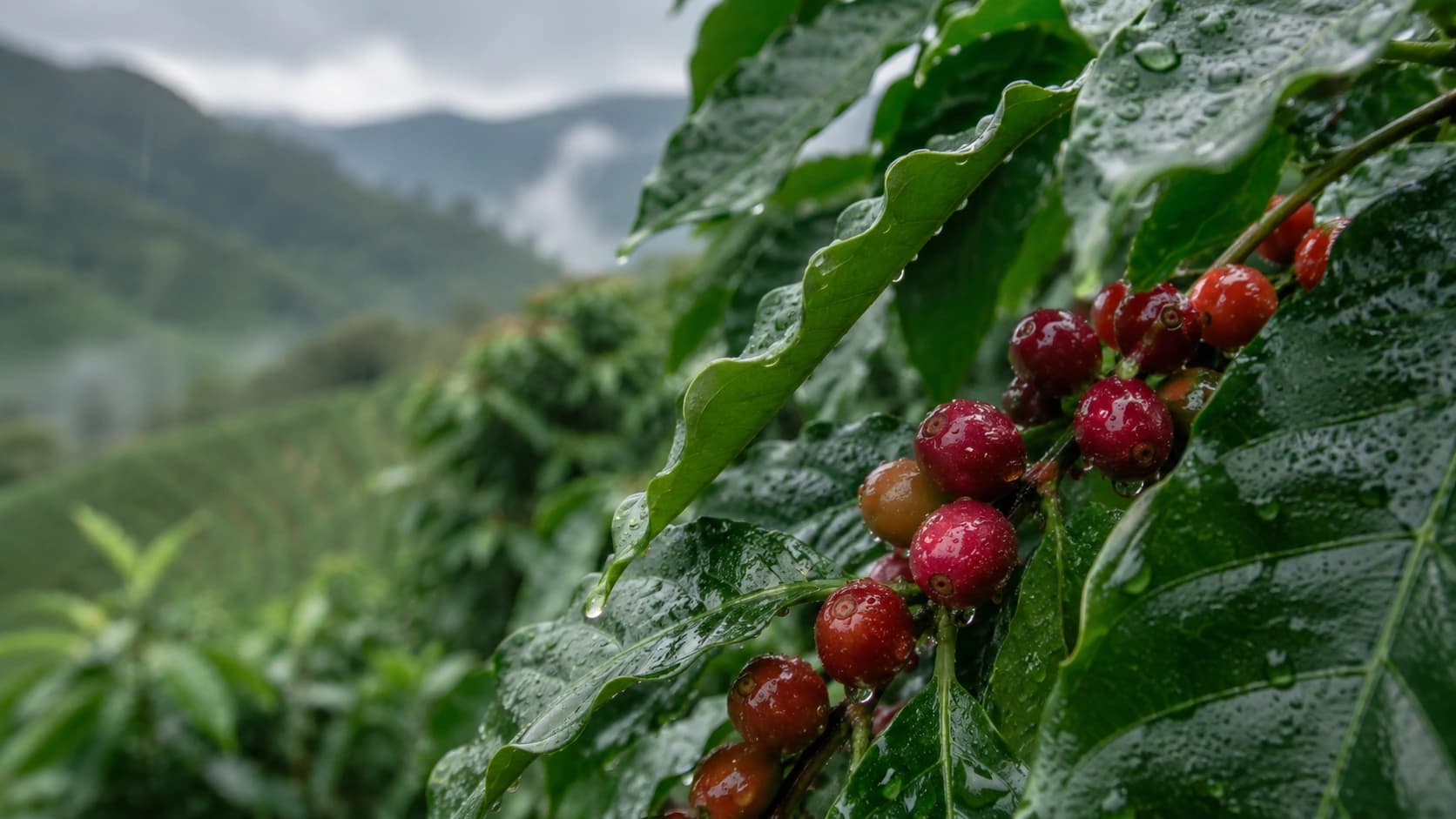 Rainfall on coffee leaves and cherries showing microclimate moisture effects