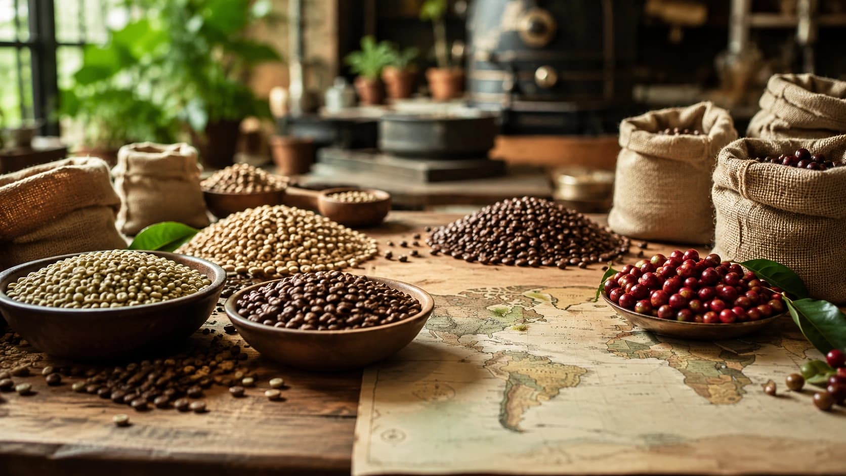 Green and roasted coffee beans beside a world map for an overview of coffee-producing countries