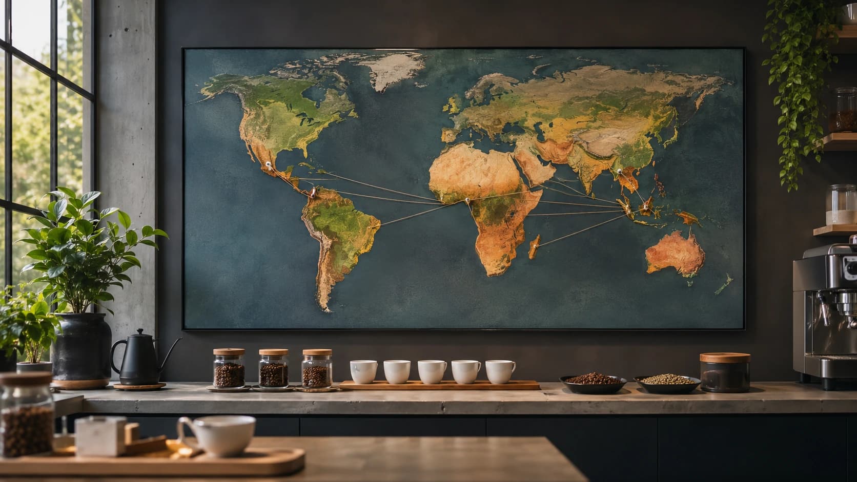 Coffee regions map and cupping workspace for a global coffee regions overview