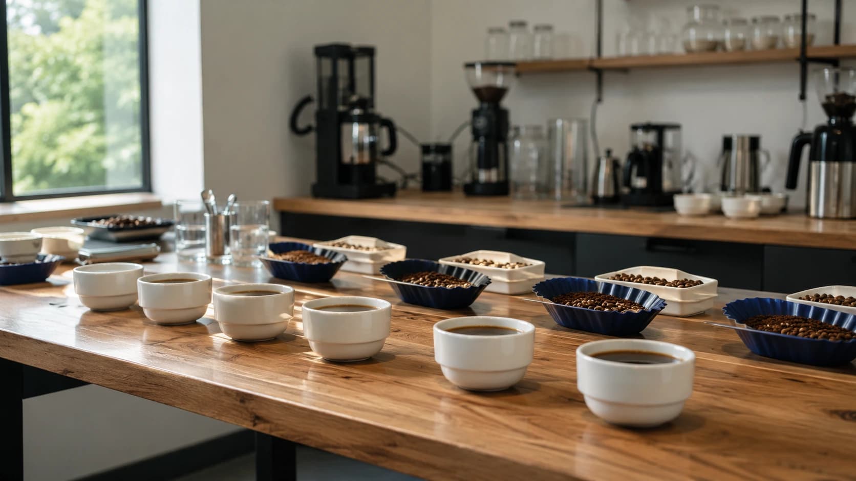 Coffee variety cupping table with comparison bowls
