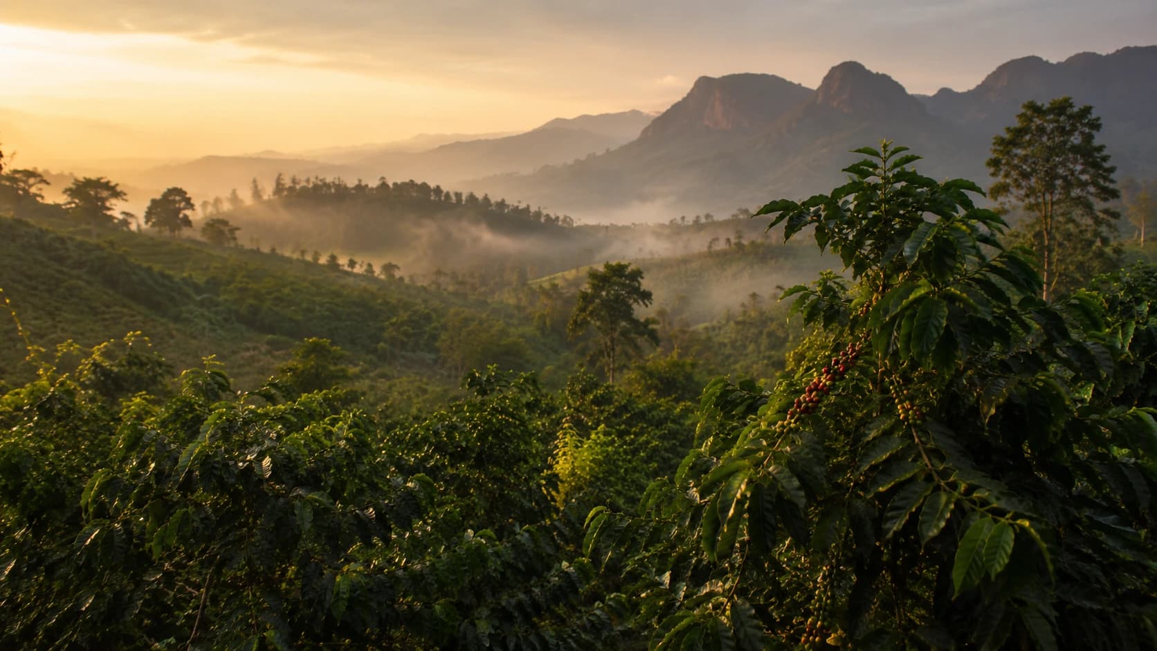 Gesha coffee variety growing in a misty highland farm