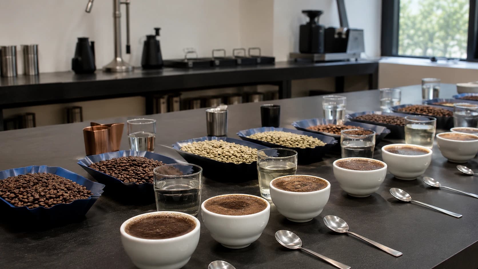 Coffee cupping table for evaluating origin flavor differences
