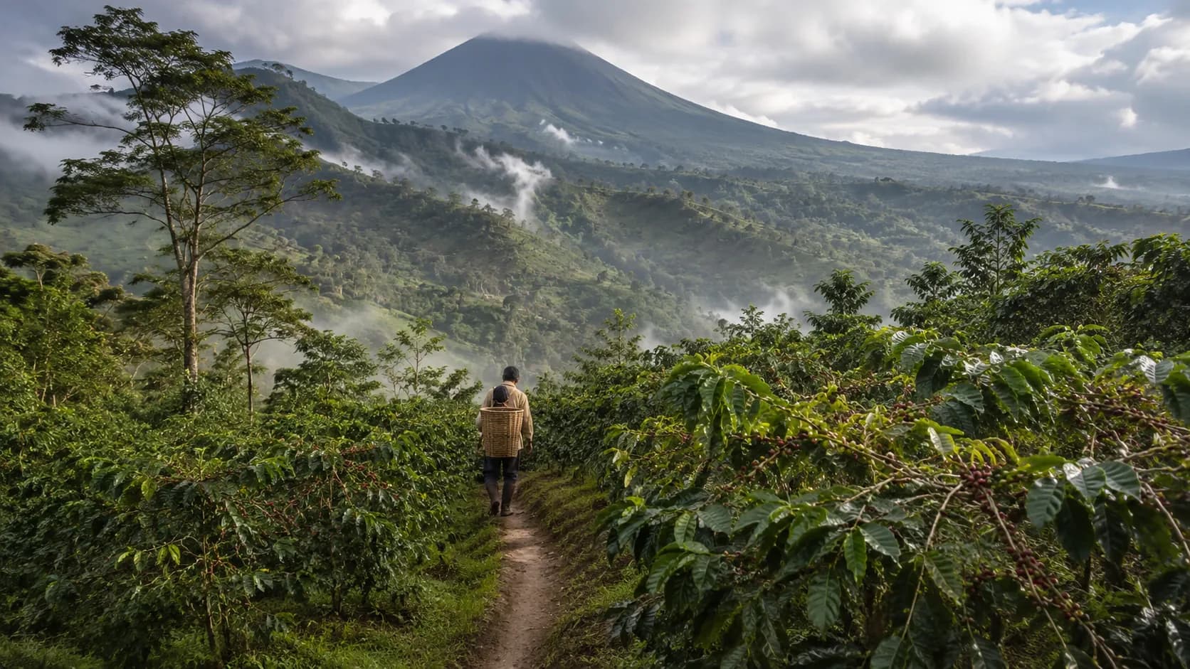 Asia-Pacific highland island coffee farm with mountainous terrain