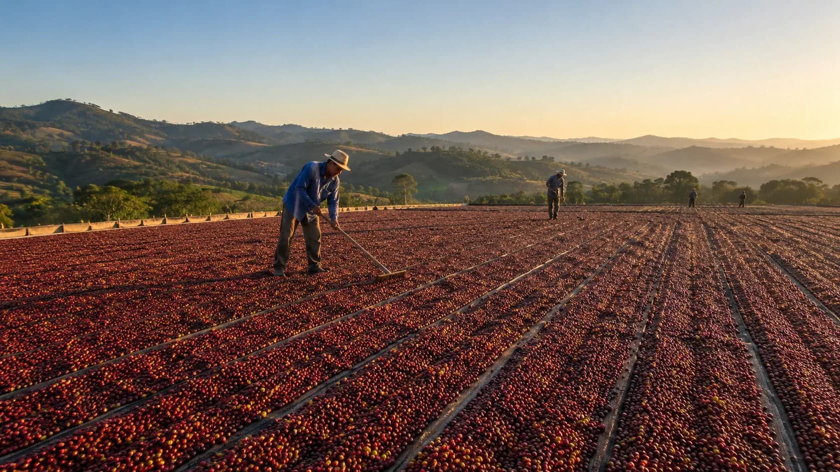 Brazil natural coffee drying on a patio at scale