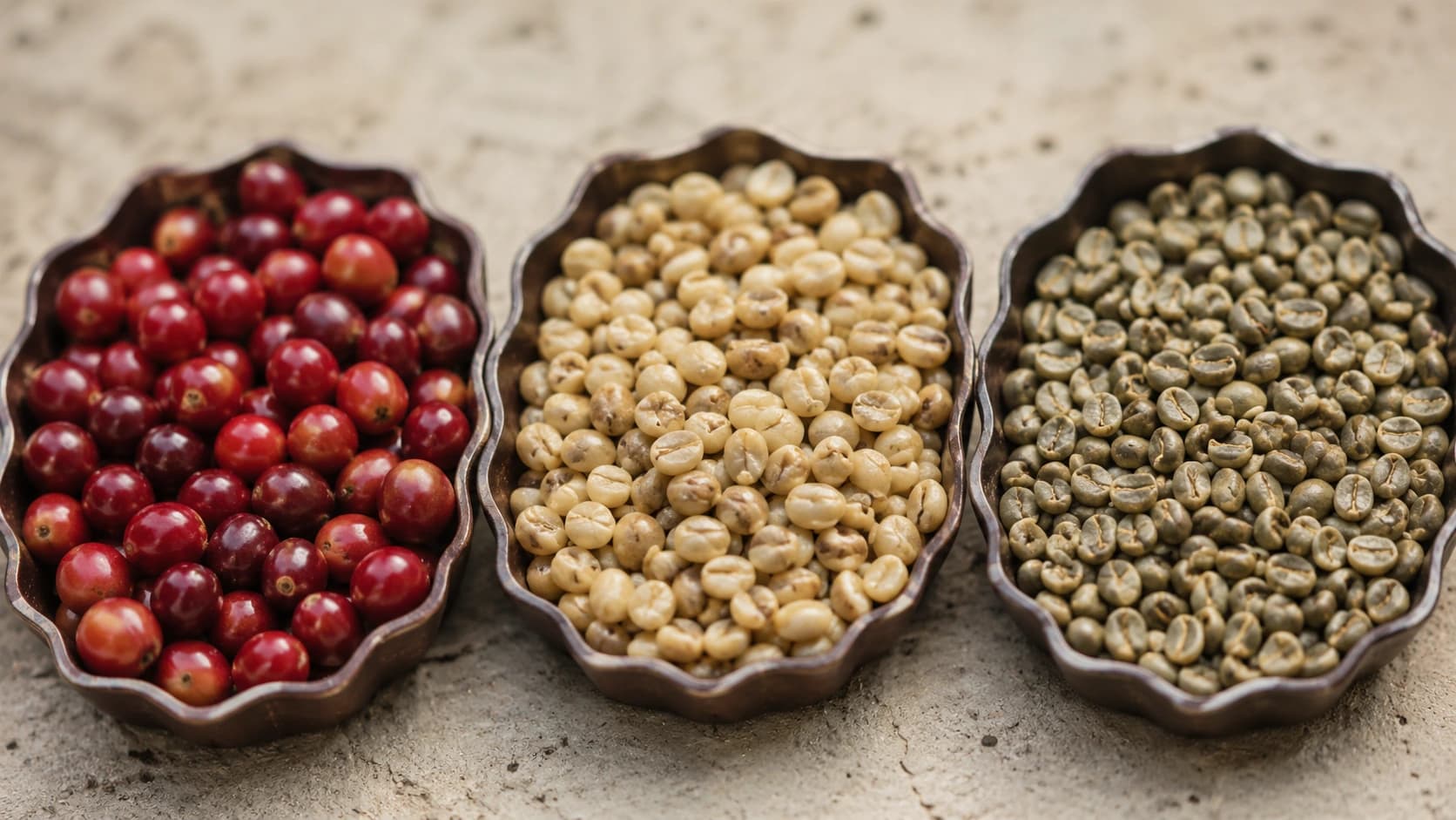 Coffee processing stages from cherry to parchment and green coffee