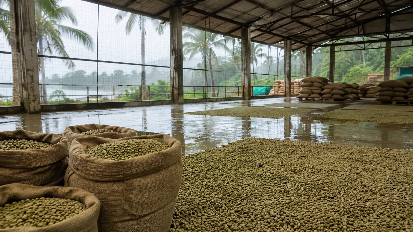 Monsooned Malabar coffee warehouse with coffee exposed to humid monsoon air