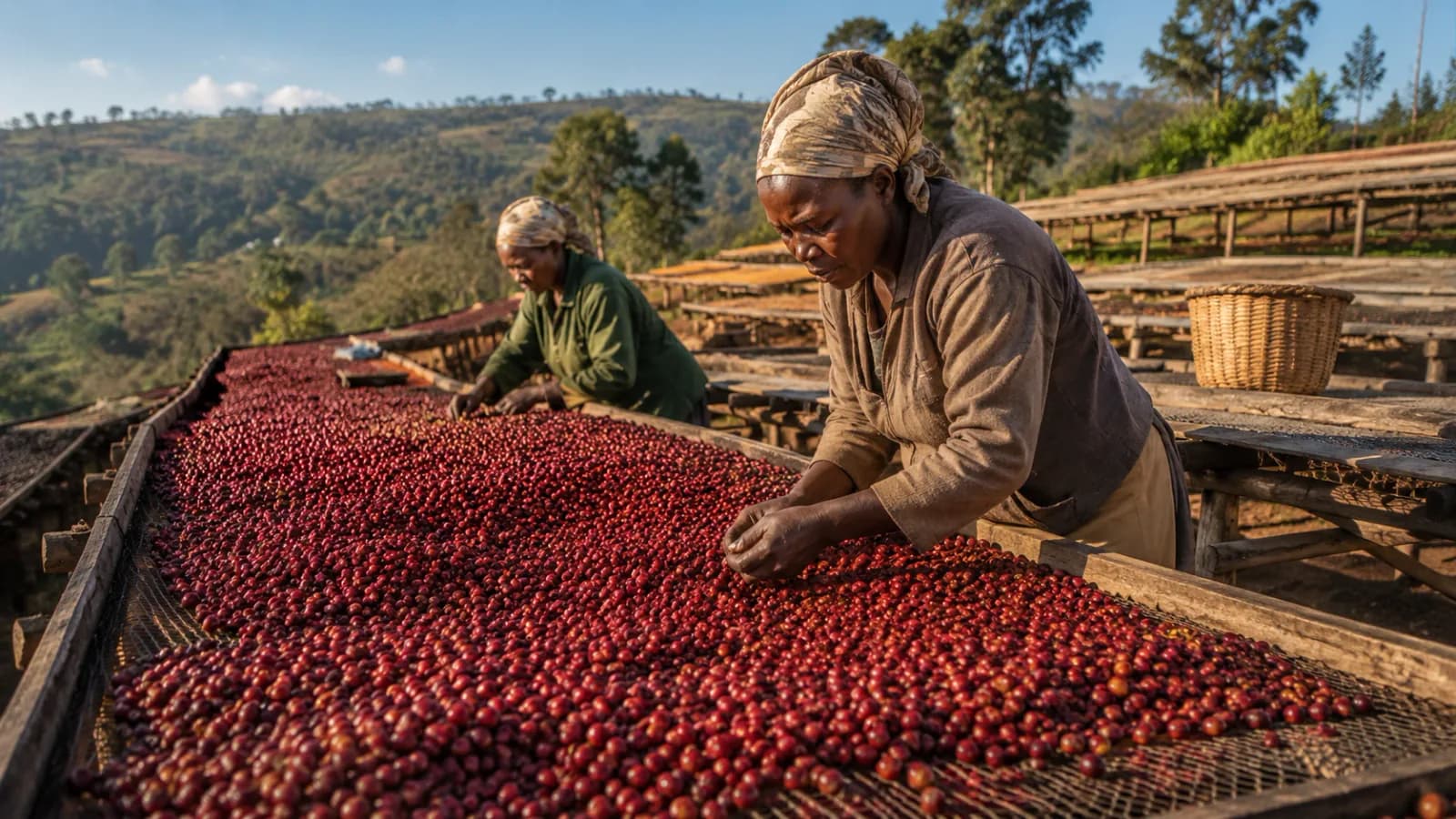 Natural processed coffee cherries drying on raised beds