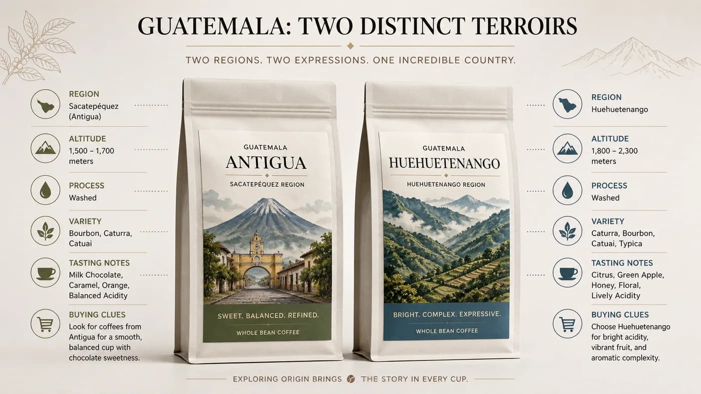 Guatemalan coffee bag label checklist showing region, process, variety, altitude and freshness cues
