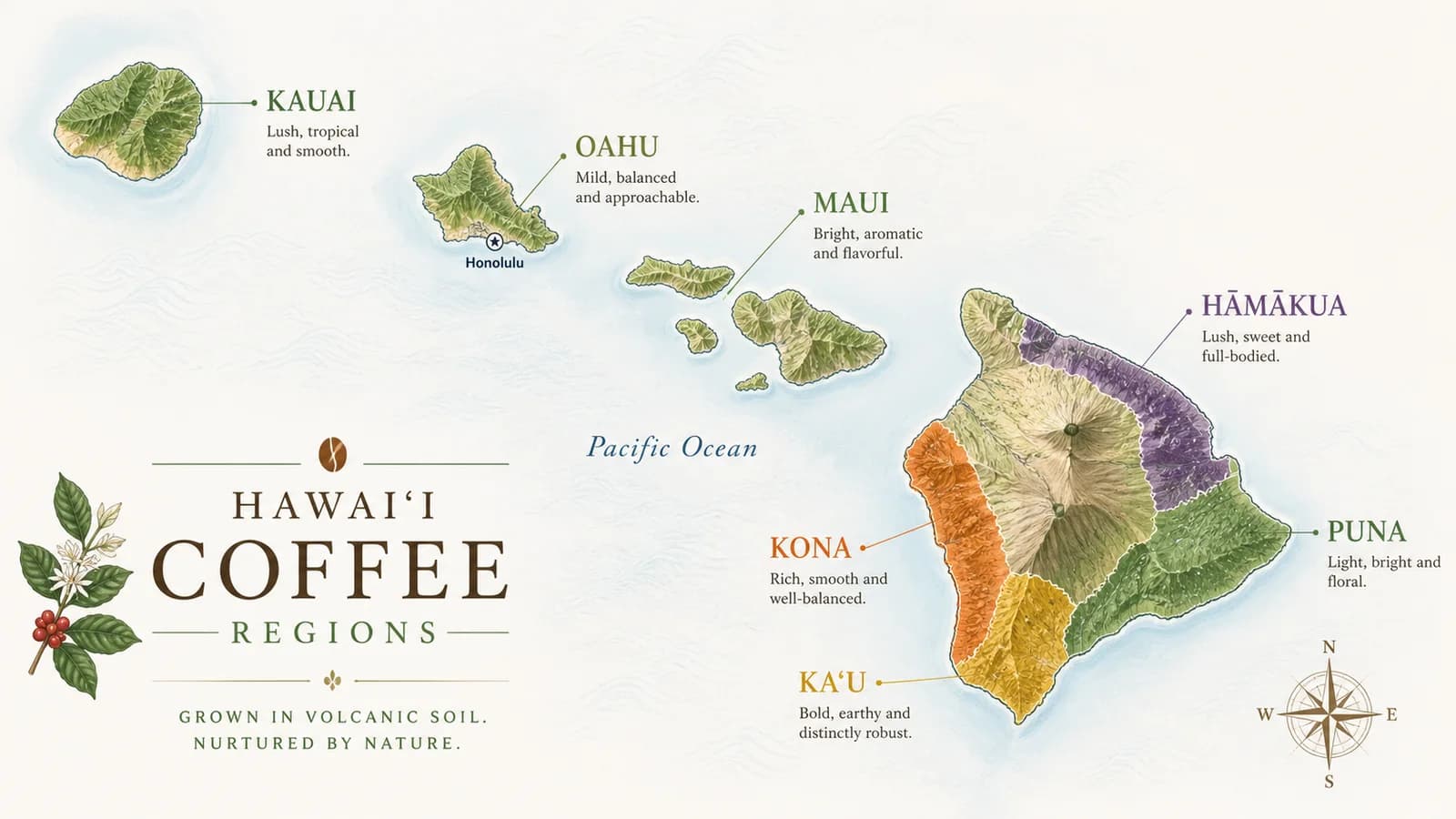 Map of the main Hawaiian coffee-growing islands and regions