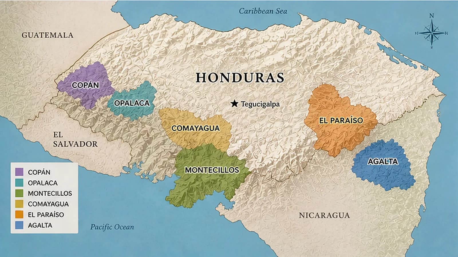 Map-style visual showing Honduran coffee-growing regions