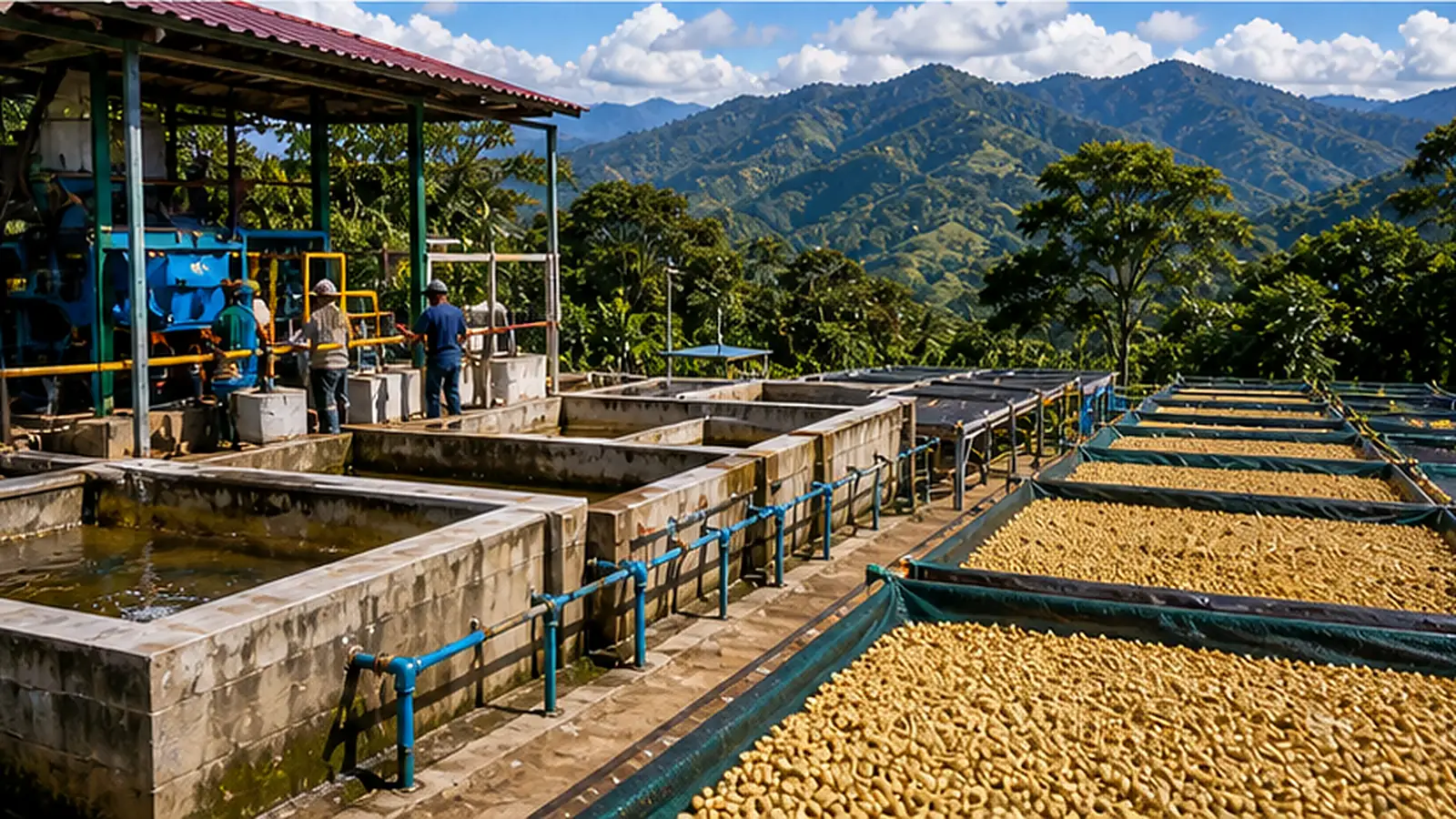 Honduran coffee processing scene with coffee cherries and drying coffee