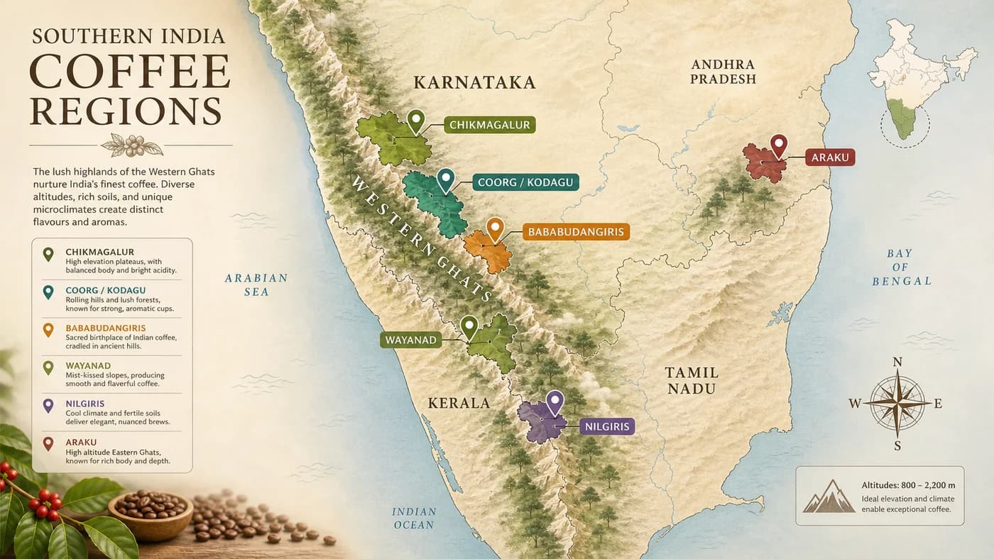 Map-style visual showing southern Indian coffee-growing regions