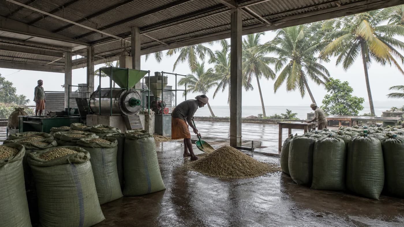 Indian coffee processing scene with coffee cherries and drying coffee