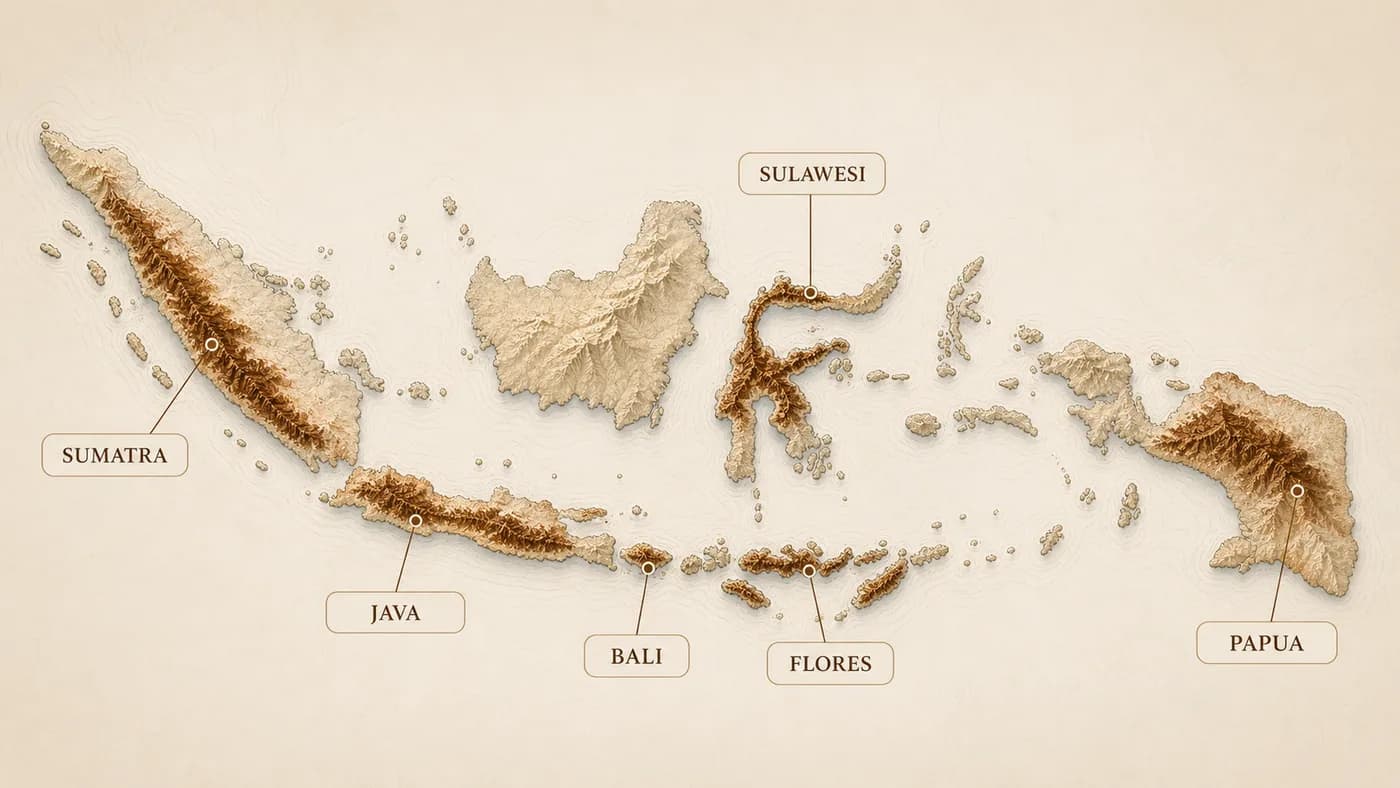 Editorial map-style illustration with Indonesian island and coffee-region labels