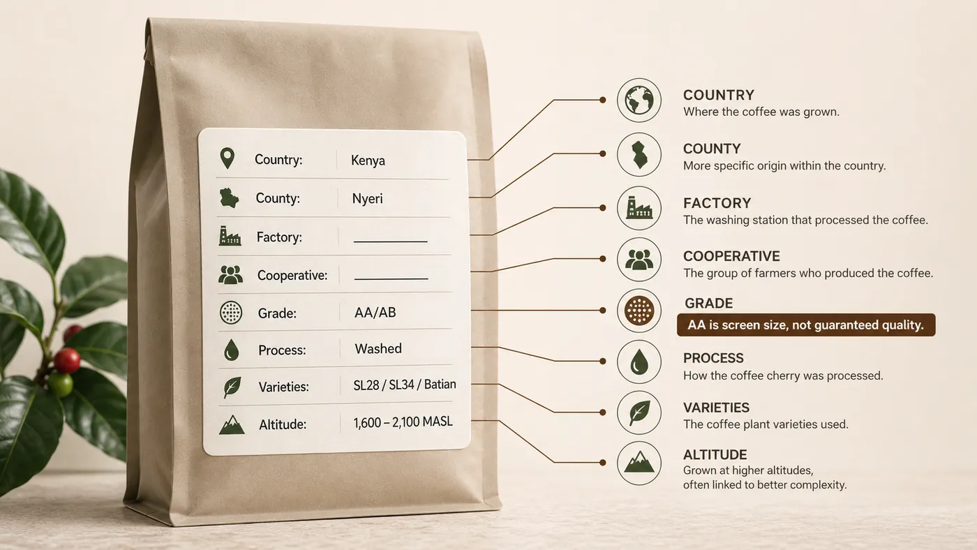 Kenyan coffee bag label checklist showing country, county, factory, cooperative, grade, process, varieties and altitude