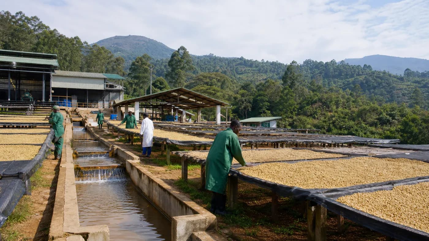 Kenyan coffee processing scene with coffee cherries and green coffee