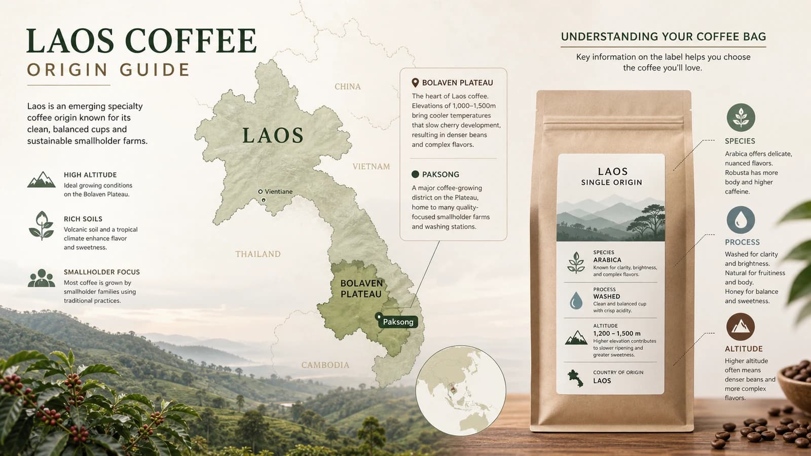 Illustrated Laos coffee map and label explainer