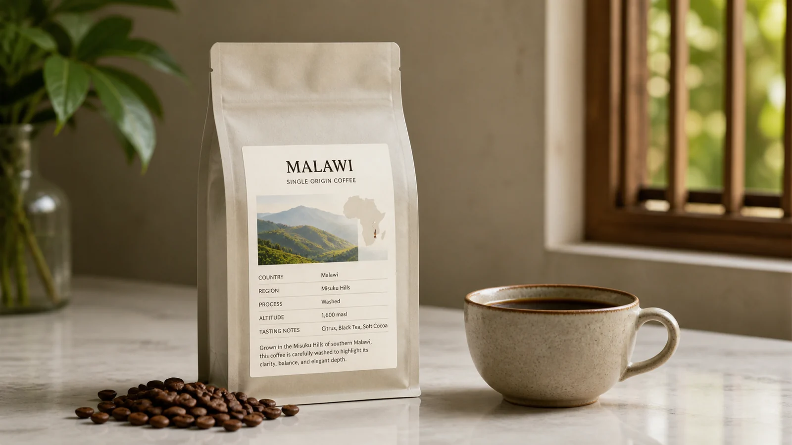 Malawi coffee bag label checklist showing estate, region, altitude, process and freshness cues