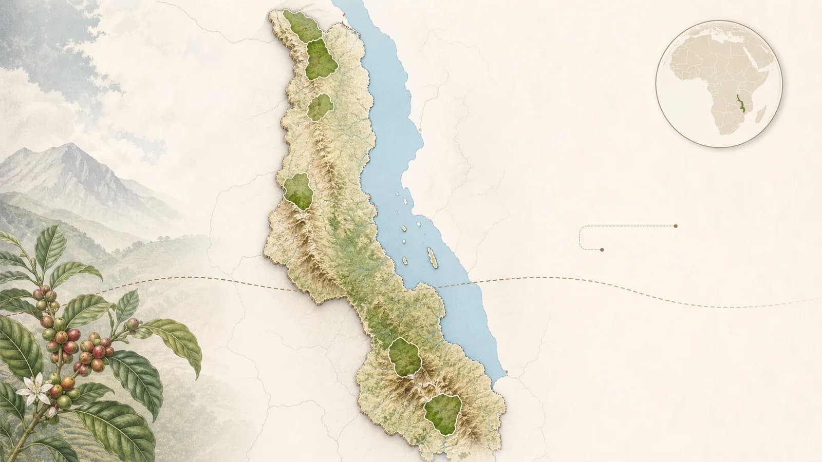 Illustrated orientation map of Malawi with highlighted highland areas
