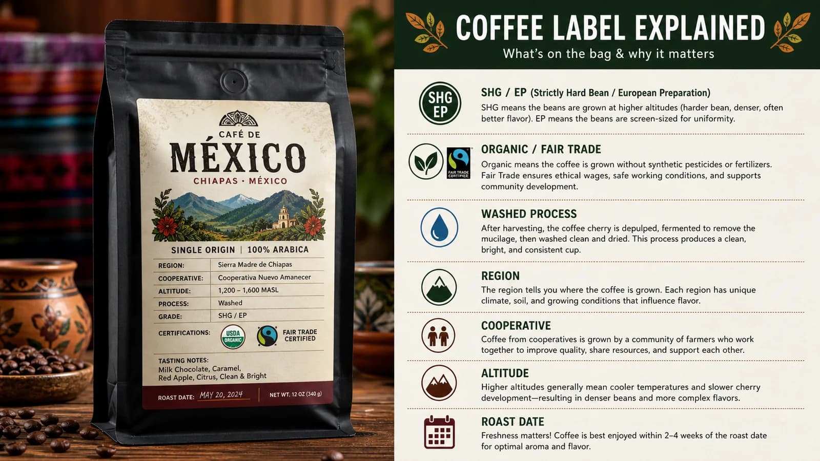 Mexican coffee processing scene with coffee cherries and drying coffee