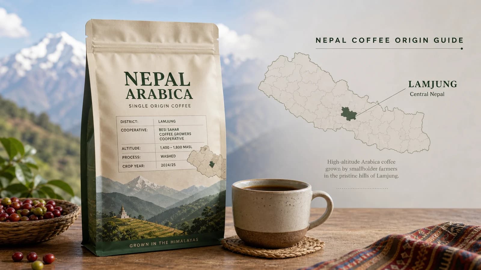 Nepal coffee bag checklist showing district, producer, process, crop and roast-date fields