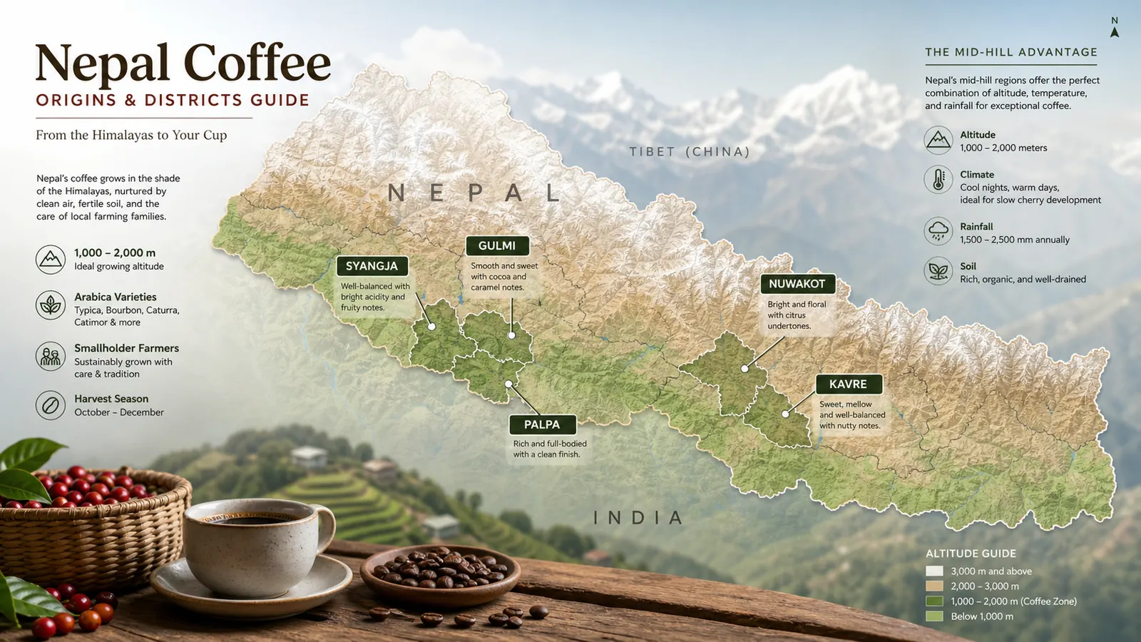 Map-style visual locating several Nepali coffee-growing districts