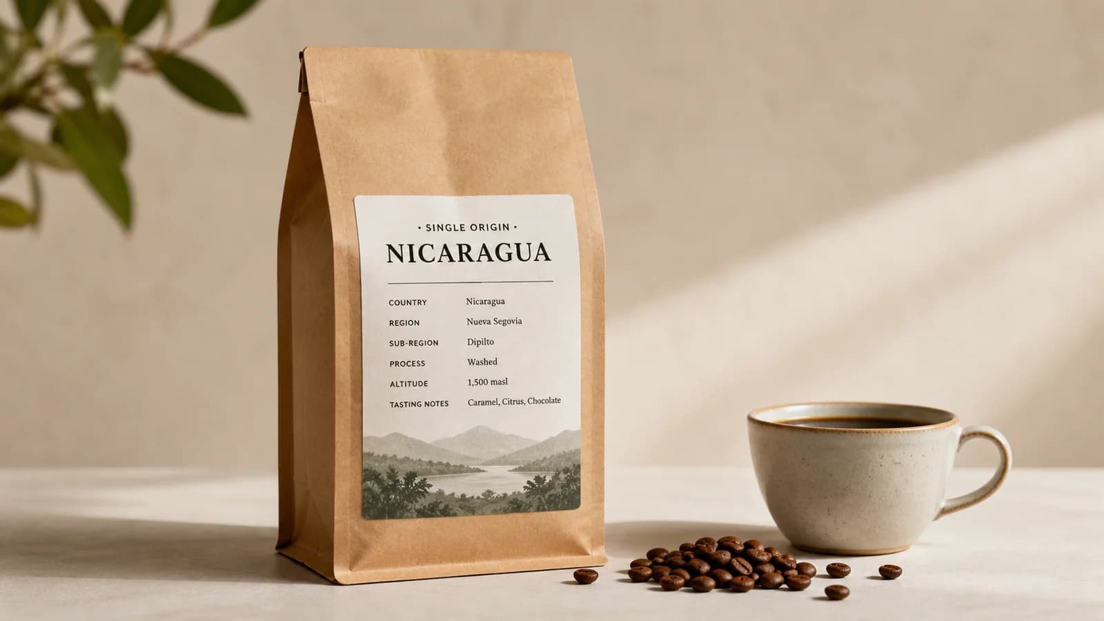 Nicaragua coffee bag label checklist showing region, process, altitude and freshness cues