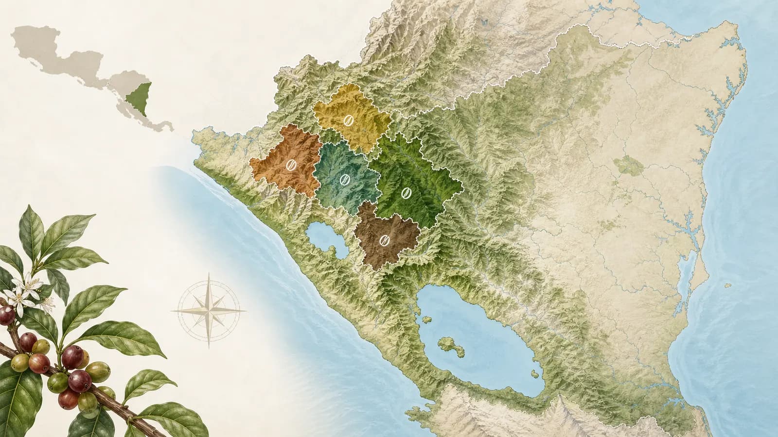 Map-style visual showing Nicaraguan coffee-growing regions
