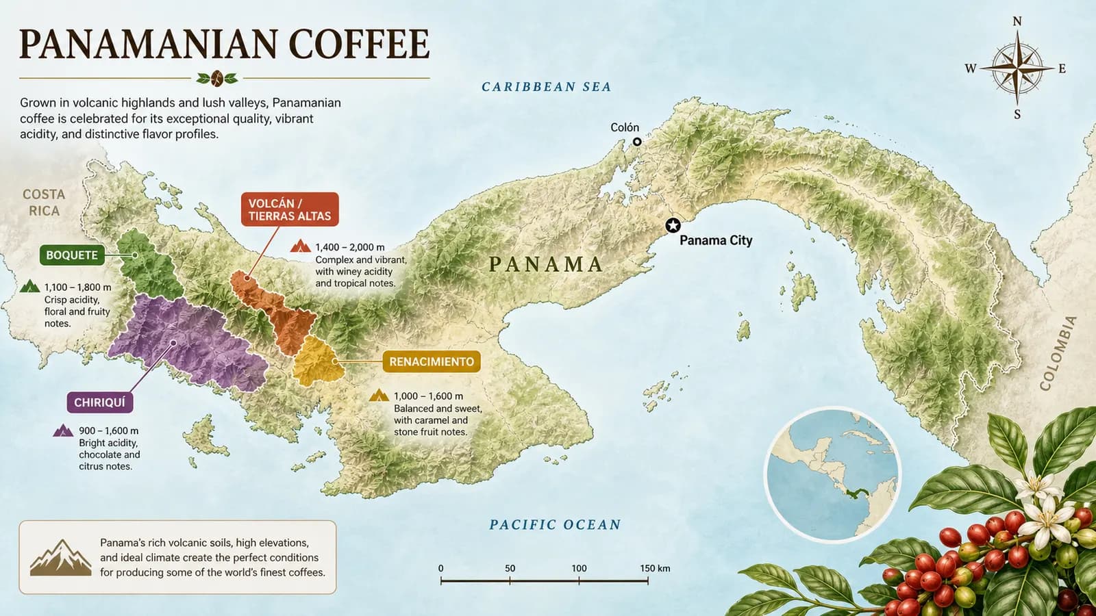 Map-style visual showing Panamanian coffee-growing regions