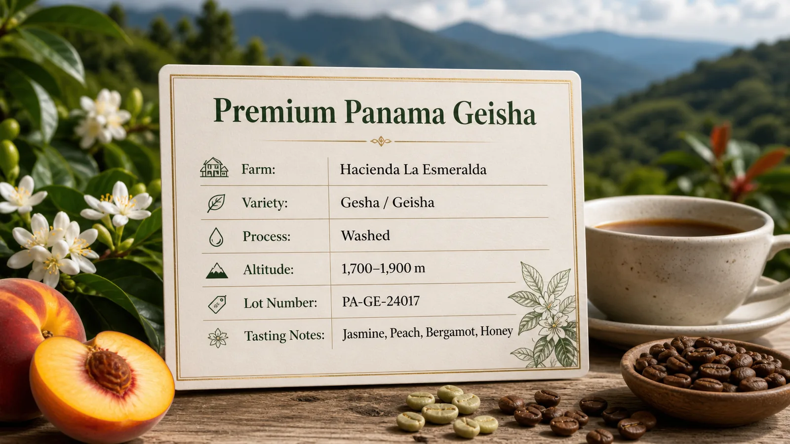 Panamanian coffee processing scene with coffee cherries and drying coffee