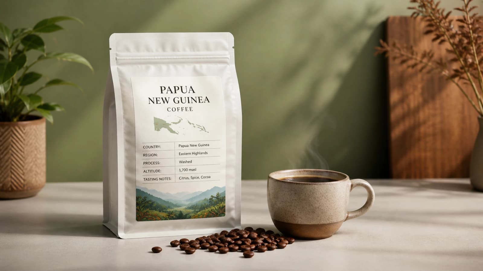 Illustrated Papua New Guinea coffee bag label checklist