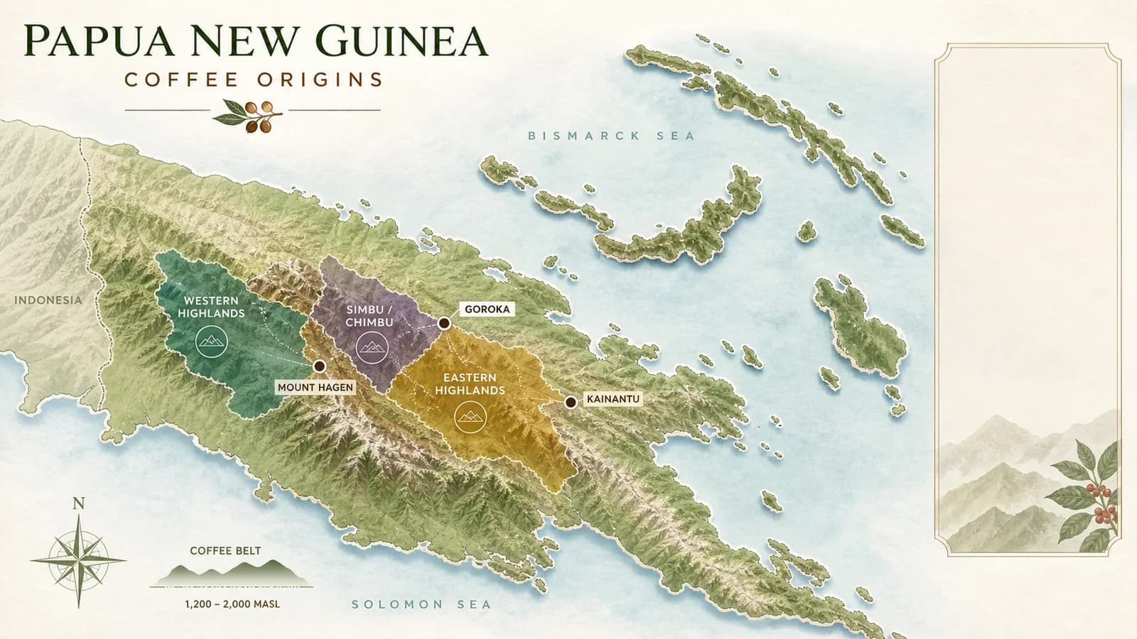 Illustrated map-style overview of Papua New Guinea coffee-growing areas