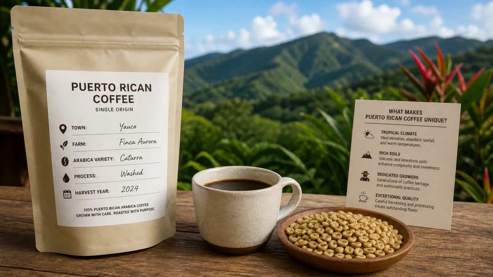 Puerto Rico coffee buying label checklist showing farm, region, process, harvest and freshness cues