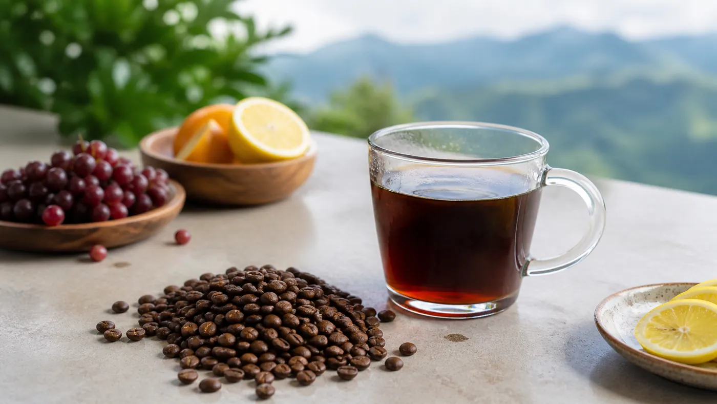 Cup of Rwandan coffee with roasted beans, cherries and citrus cues