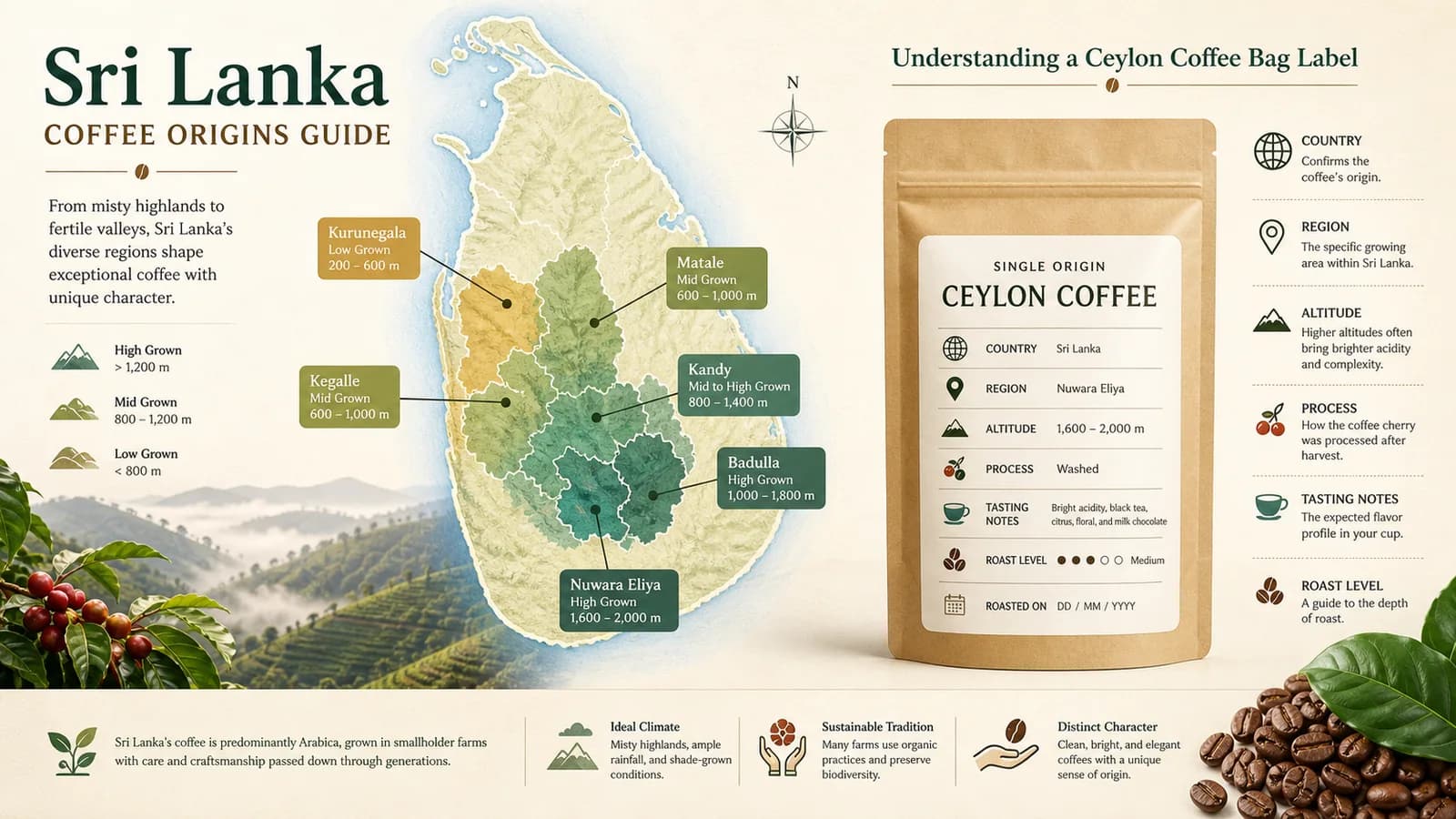 Editorial map-style illustration with Sri Lankan coffee-area and label-reading cues