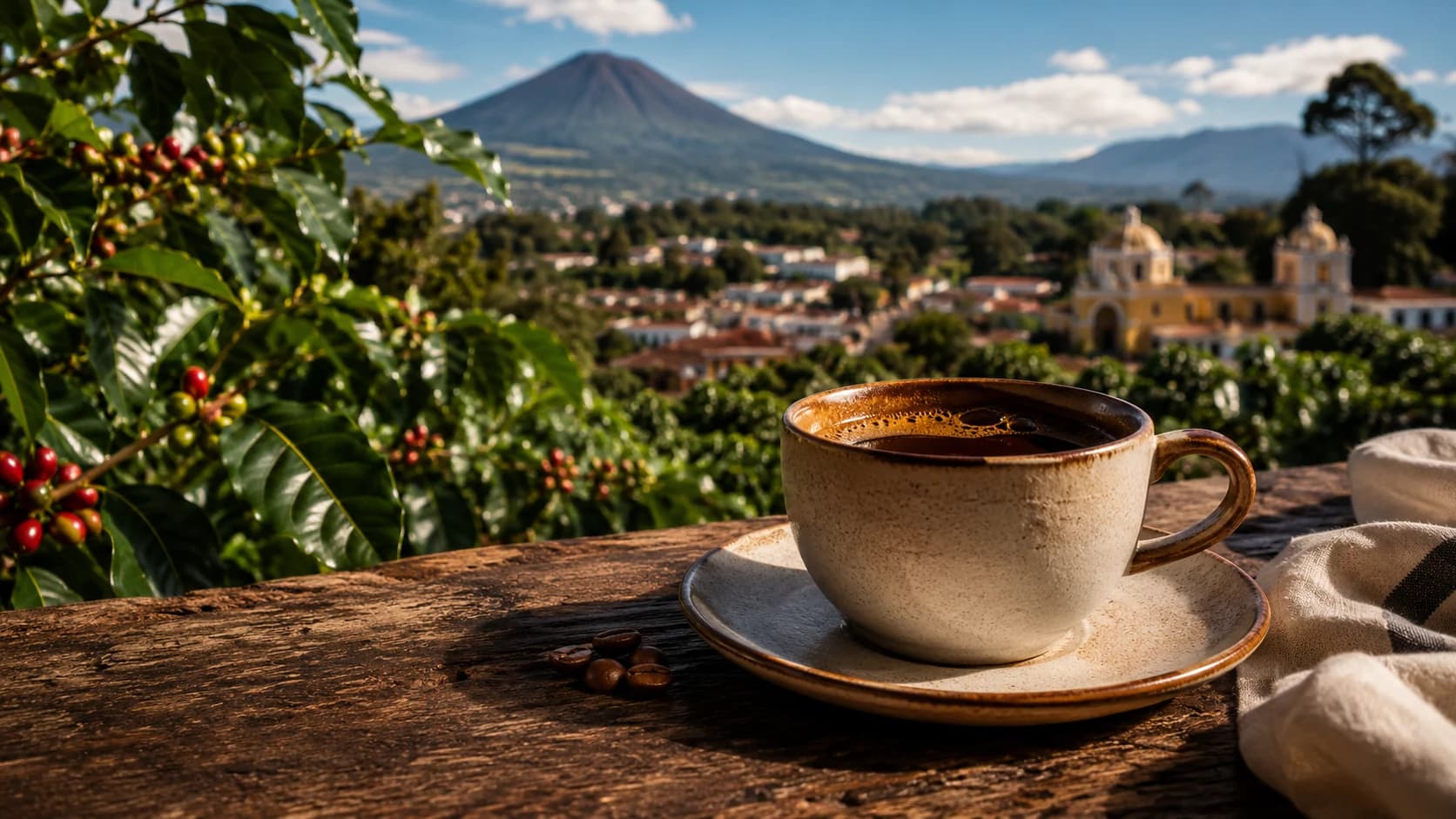 Antigua coffee farms and mountain growing landscape