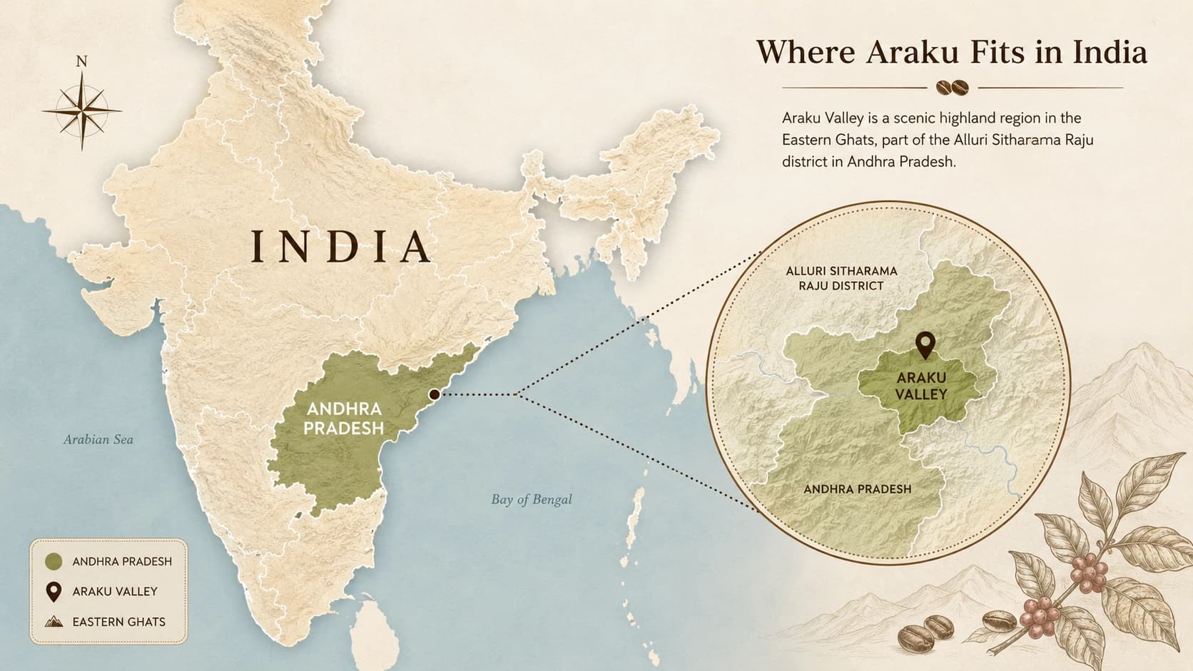 Araku coffee region map within India