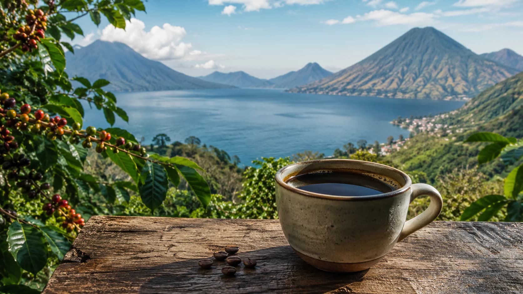 Illustrative view of coffee, cherries, Lake Atitlan and surrounding volcanic slopes in Guatemala