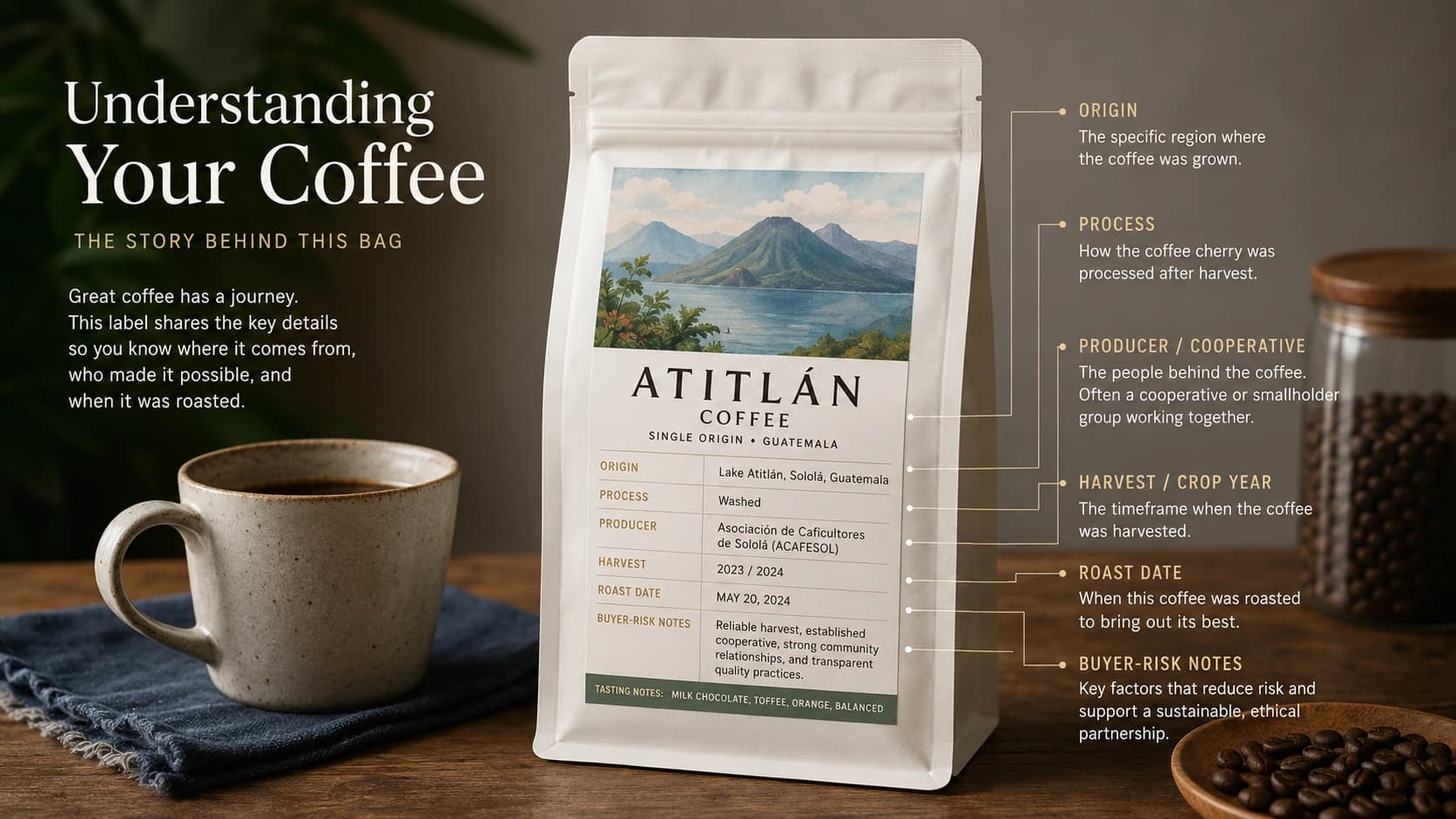 Atitlan coffee label checklist showing origin, process and freshness checks