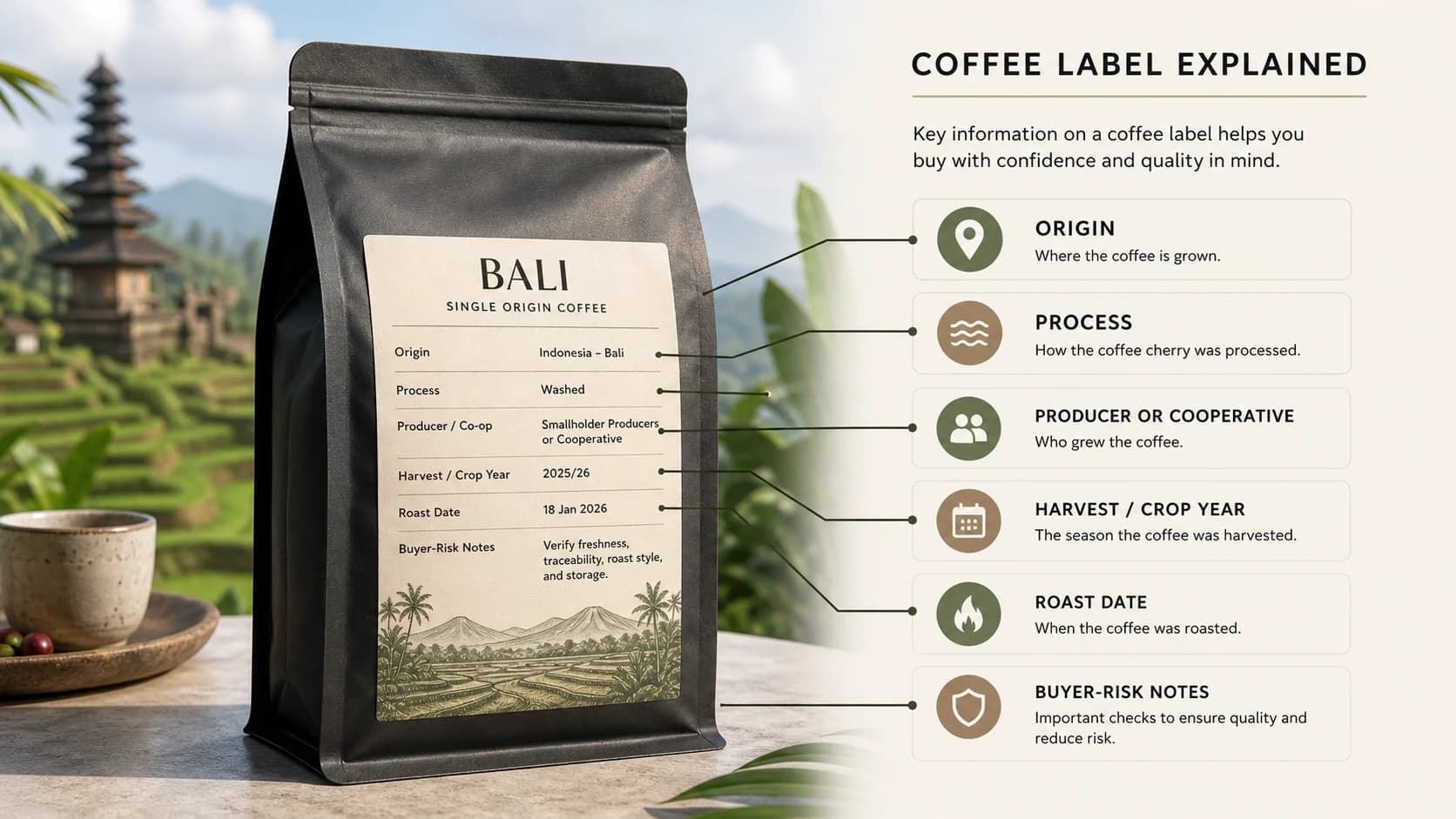 Coffee bag label checklist showing what to check before buying Bali coffee