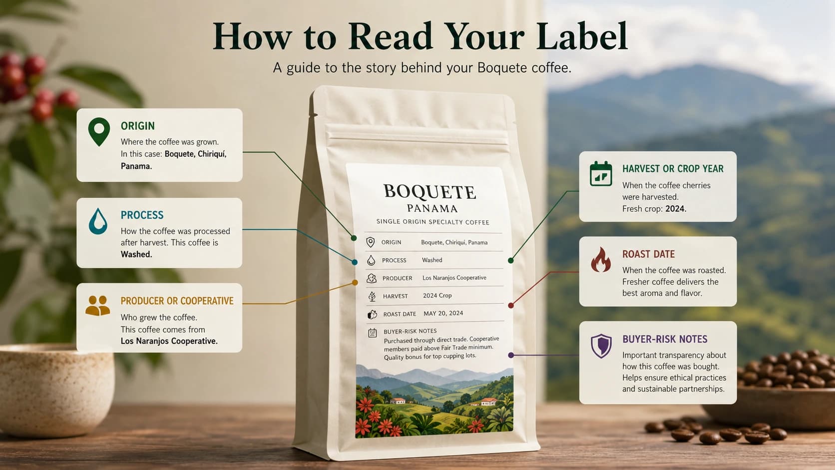 Coffee bag label checklist showing what to check before buying Boquete coffee