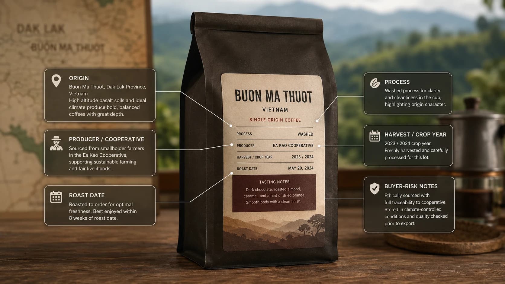 Buon Ma Thuot coffee label checklist showing origin, process and freshness checks